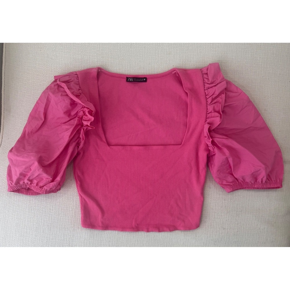 Zara Ribbed Puff Sleeve Top Womens Large Pink Square Neck Ruffle Excellent